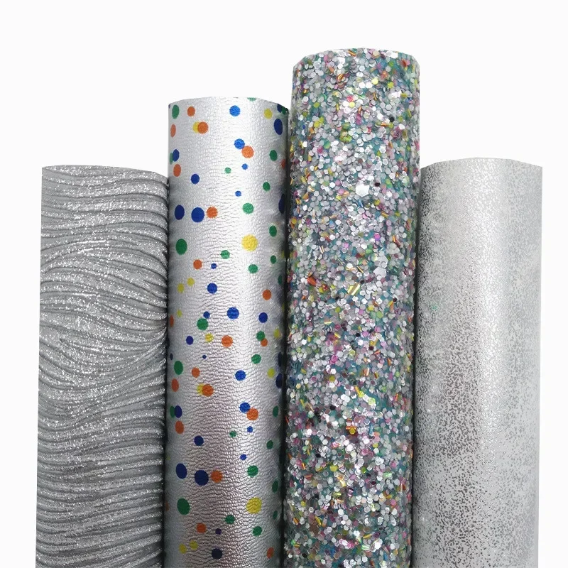 Wave Glitter Fabric Silver Chunky Glitter Leather Sheets Polka Dots Printed Faux Leather For Bows Making DIY 21x29CM Q1803