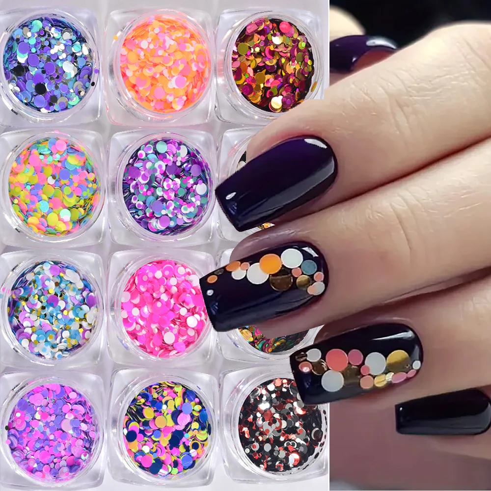 12 kutu/takım Renkli Floresan Kabarcık Reçine Payetler Glitter Gevreği Epoksi Reçine Dolum Holografik Yuvarlak Şekilli Madeni Pul