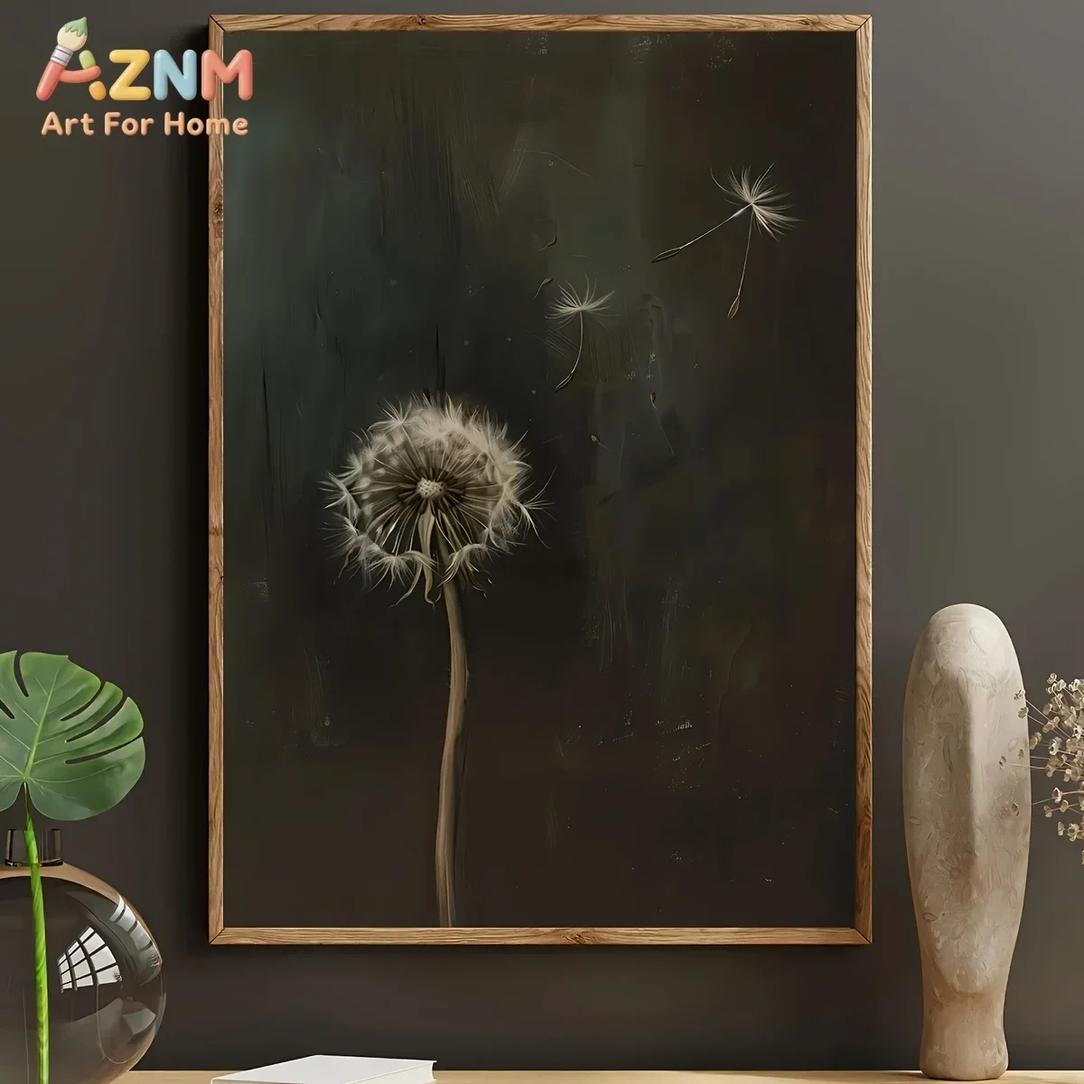 AZNM Dark Background Dandelion Canvas Wall Art, Vintage Moody Floral Plant Print Poster, Minimalist Botanical Home Decor, Unfram