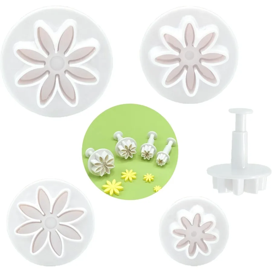 

4 PCS Daisy Fondant Cutter Flower Ce Cutters Chrysanthemum Plunger Cutters Cute Dessert Decorating Accessories Summer Ce Cutter