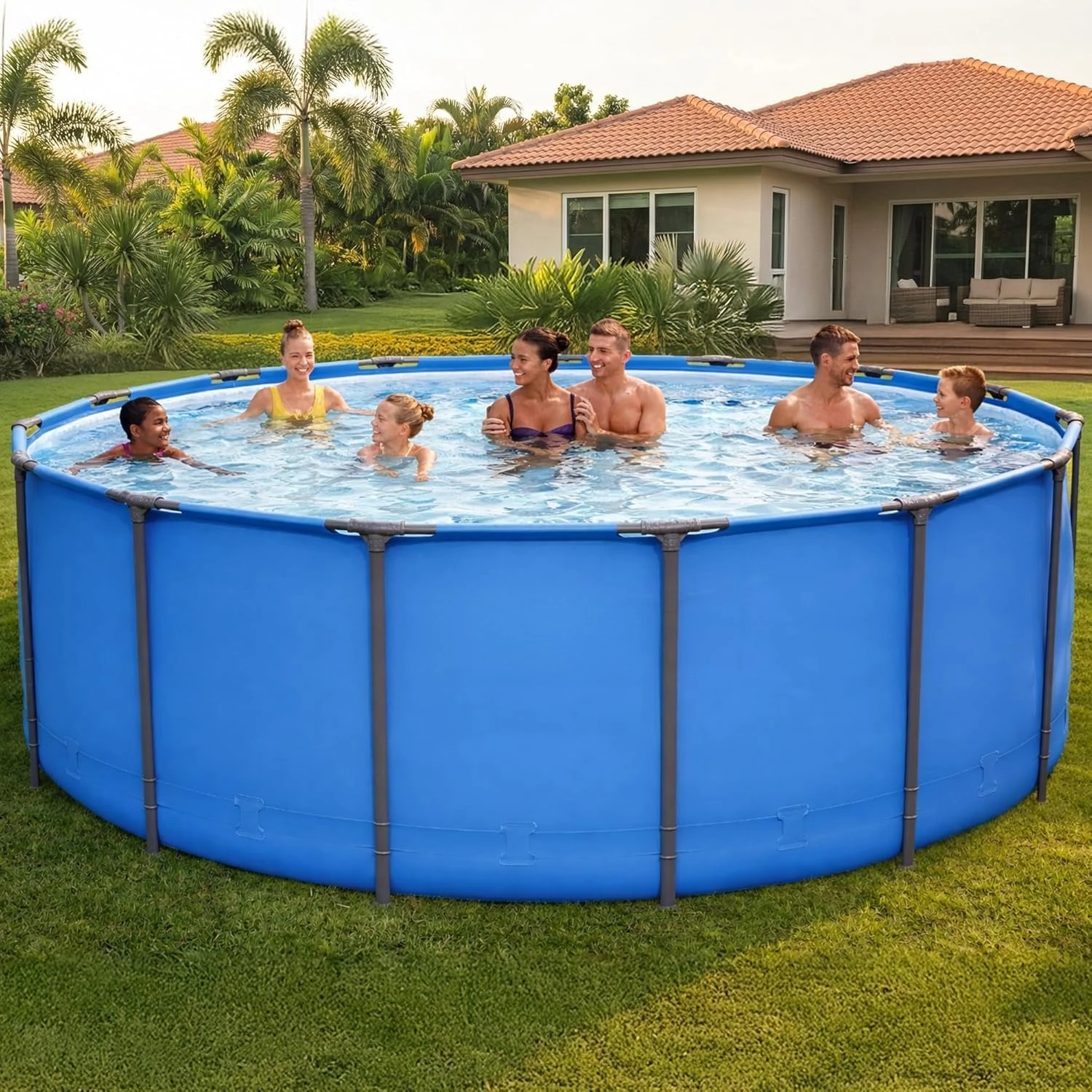 Round Metal Frame ove Ground Swimming Pool 15ft x 48in Outdoor Backyard Blue