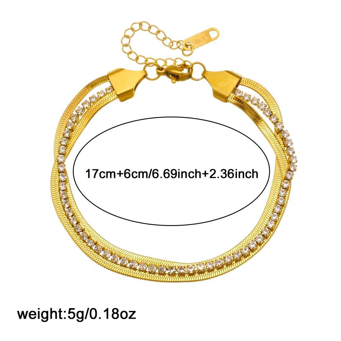 DIEYURO 316L Stainless Steel Fashion White Rhinestones Golden Snake Bones Multilayer Bracelet Lady Non-fading Hand Chain Jewelry