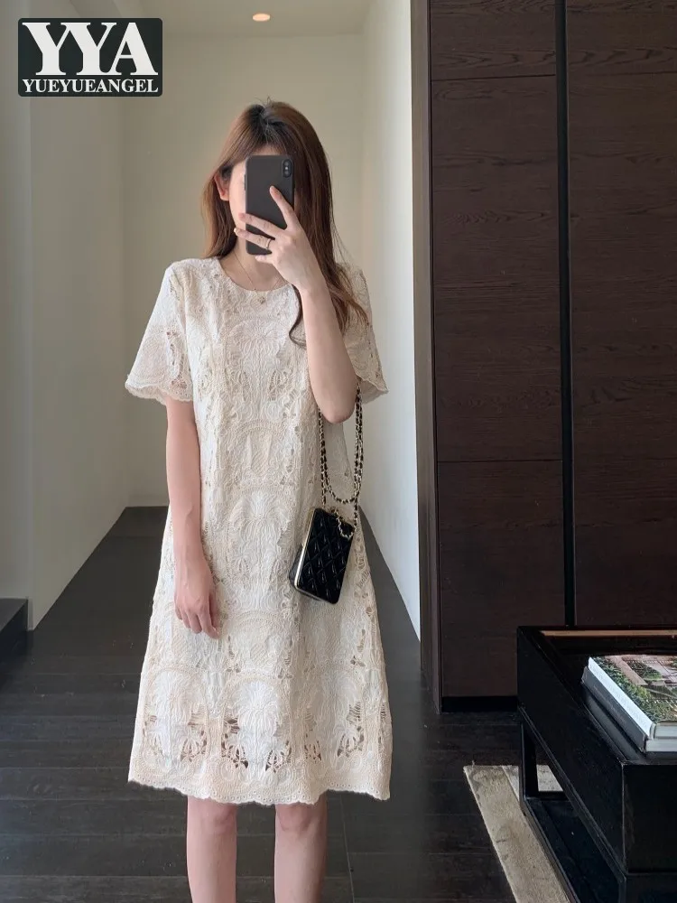 

Summer Beautiful Romantic Hook Flower Embroidery Dresses Hollow Out Mid Long A-Line Sweet Fashion Knee Length Loose Waist Dress