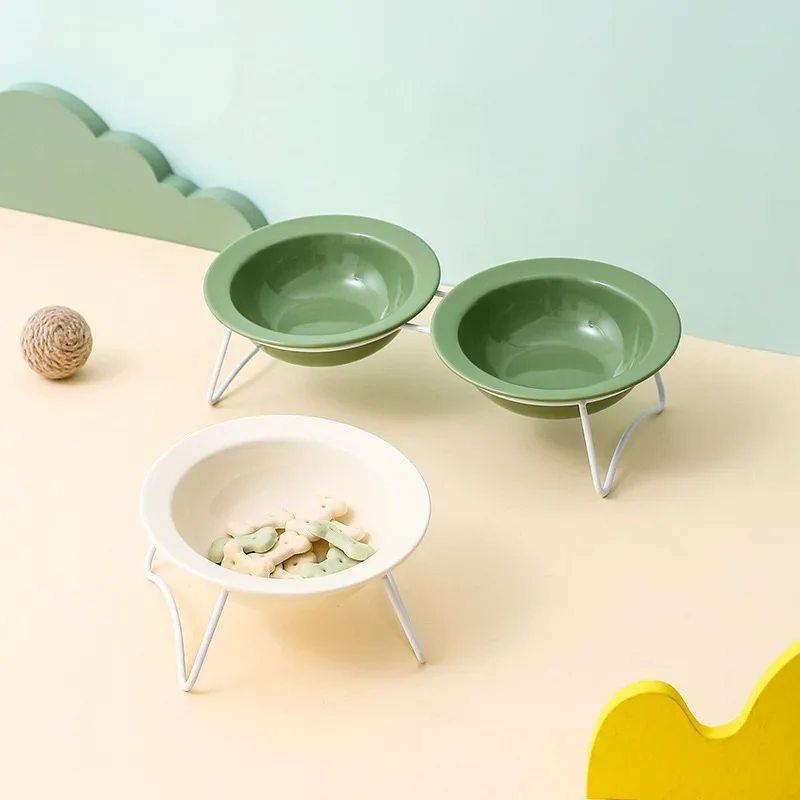 

Cat Double Ceramic Bowls Set Small Dog Food Water Plate with Iron Stand Pet Elevated Tilted Neck Guard Dish Bowl