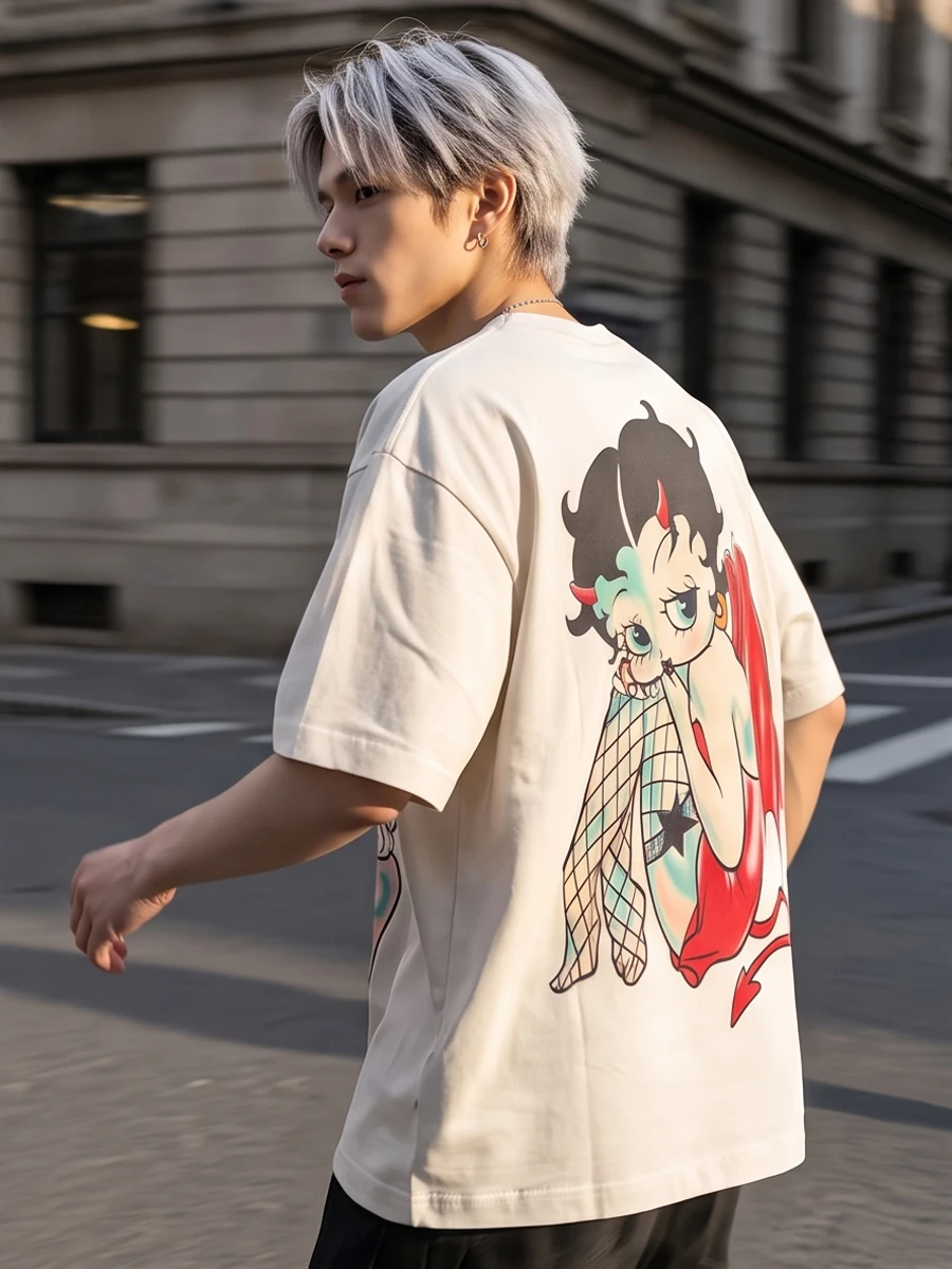 Washed Short Sleeve T-Shirt Devil Betty Print Casual Loose Unisex Cotton Top for Couples Summer Non-Fading Shoulder-Length