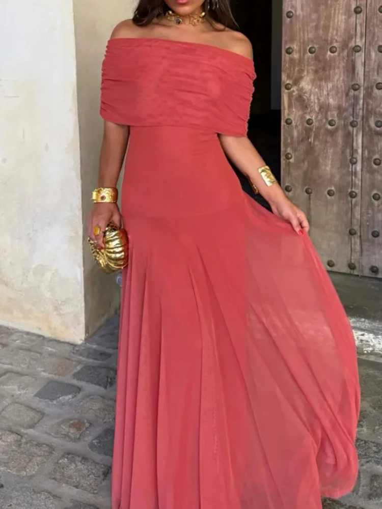 Women Diagonal Collar Summer Solid Long Dress Female Sleeveless Backless Pleated Party Dress 2023 Casual Streetwear Maxi Dresses