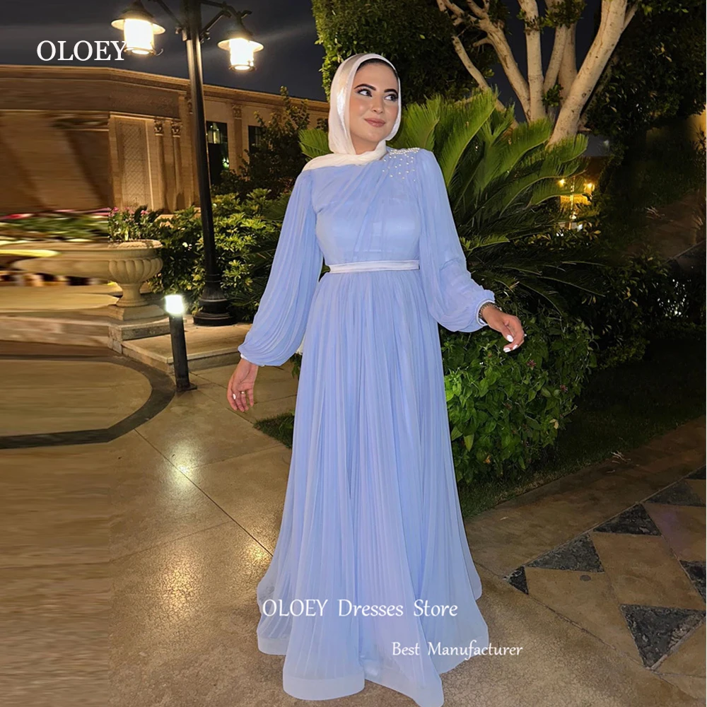 

OLOEY Elegant Light Blue Muslim Arabic Women Evening Dresses Long Sleeves Pearls Tulle Prom Gowns Formal Party Dress With Hijab