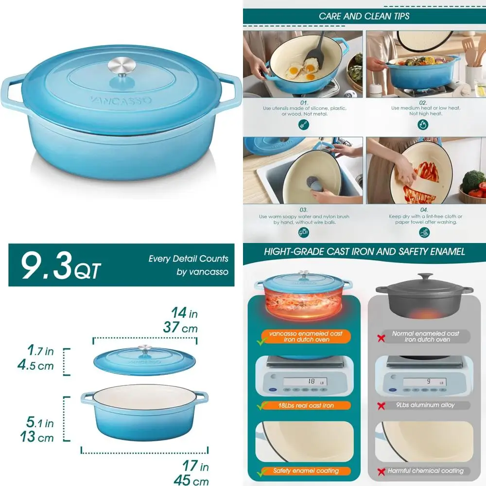 

Enameled Cast Iron Dutch Oven, 9.3 Quart Oval Pot with Lid, Non-Stick Coated Cast Iron Cookware