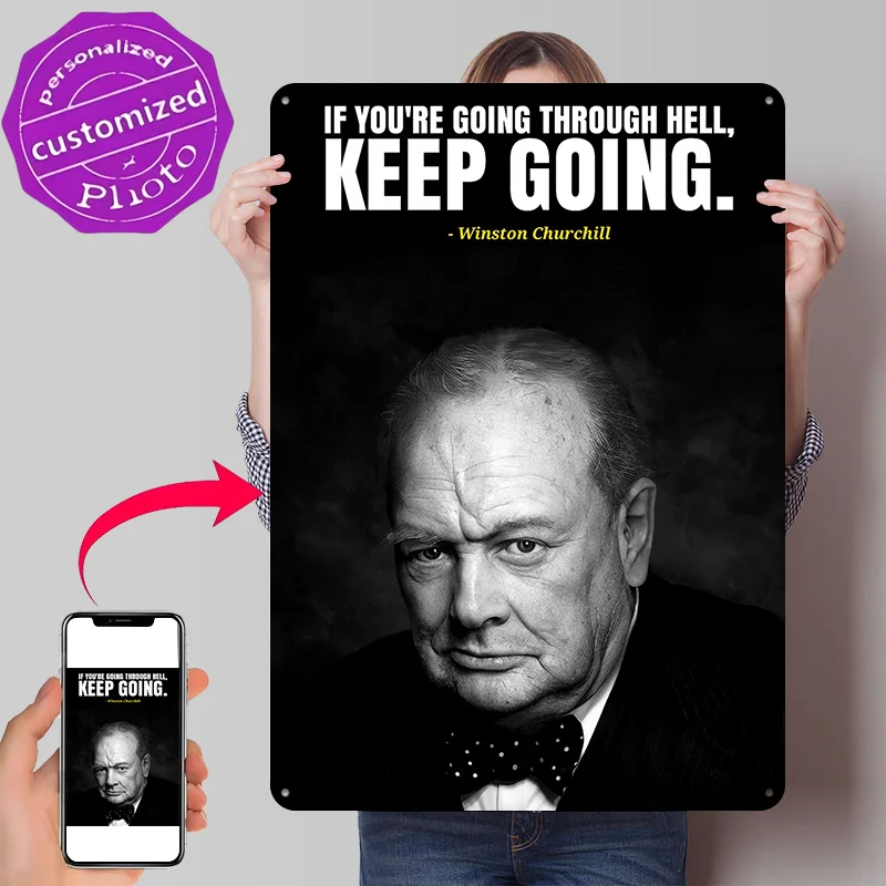 Winston Churchill Quotes Personalized 3D Textured Metal Poster Wall Art Vintage Tin Signs for Living Room Interior Decoration