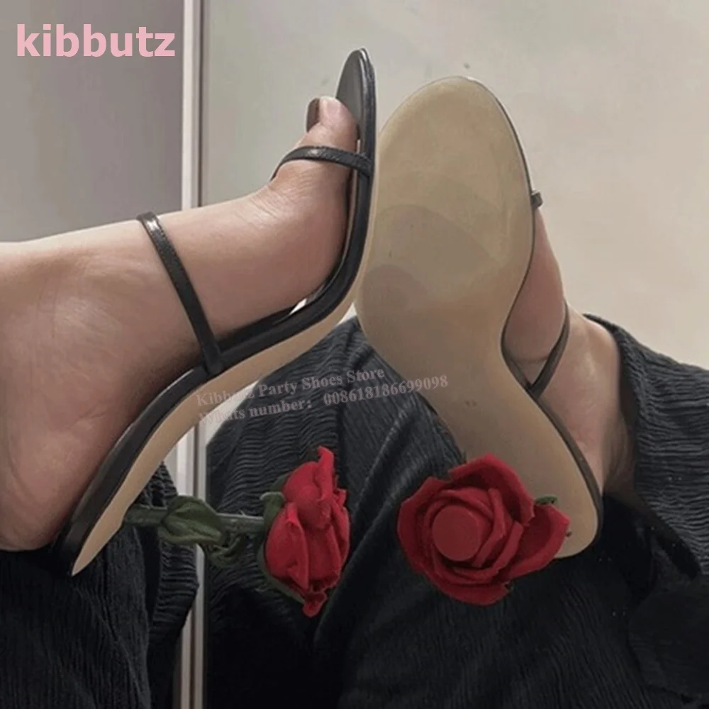 Blooming Rose Heel Pumps Pointed Toe Genuine Leather One Word Belt Slip-On Solid Black Novelty Fashion Sexy Women Shoes Newest