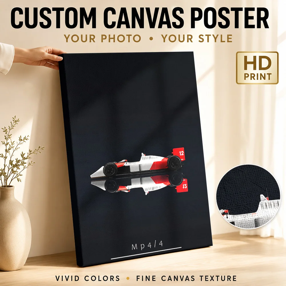British MP4-4 Red White Racing Car Canvas Print Posters 3D Canvas Wall Art With Customized Photo For Teen Room Ideal Driver Gift