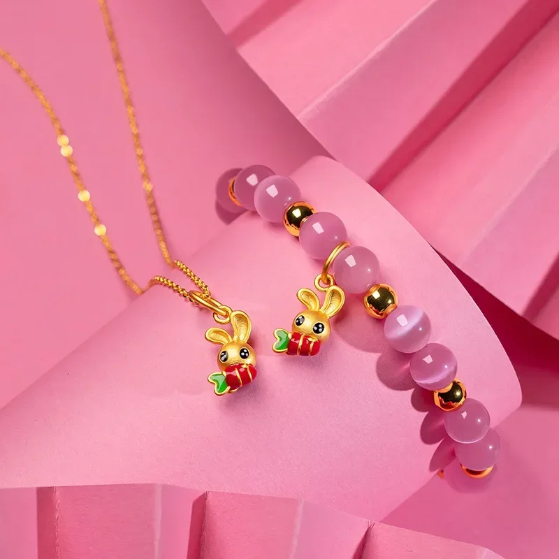 

9999 Real Gold 24K Rabbit zodiac cute cat eye beads radish cute rabbit bracelet pure desire college style collarbone necklace