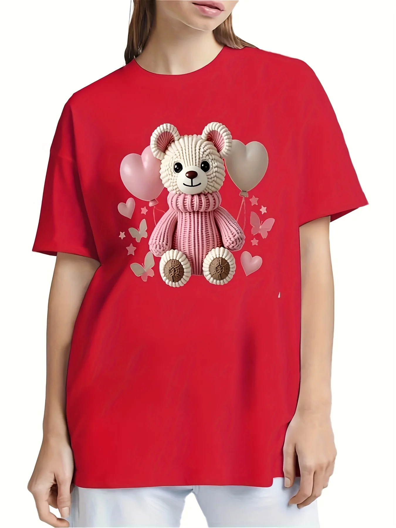 Equipaggio casual a maniche corte stampato ed elastico, adatto per l'uso quotidiano, simpatico orsacchiotto e palloncino da donna