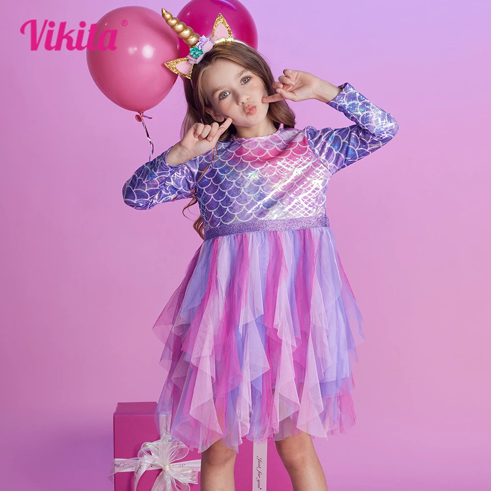 VIKITA Girls Princess Dress Long Sleeve Children Mermaid Print Dress Kids Irregular Prom Gown Tutu Girls Party Tulle Costumes