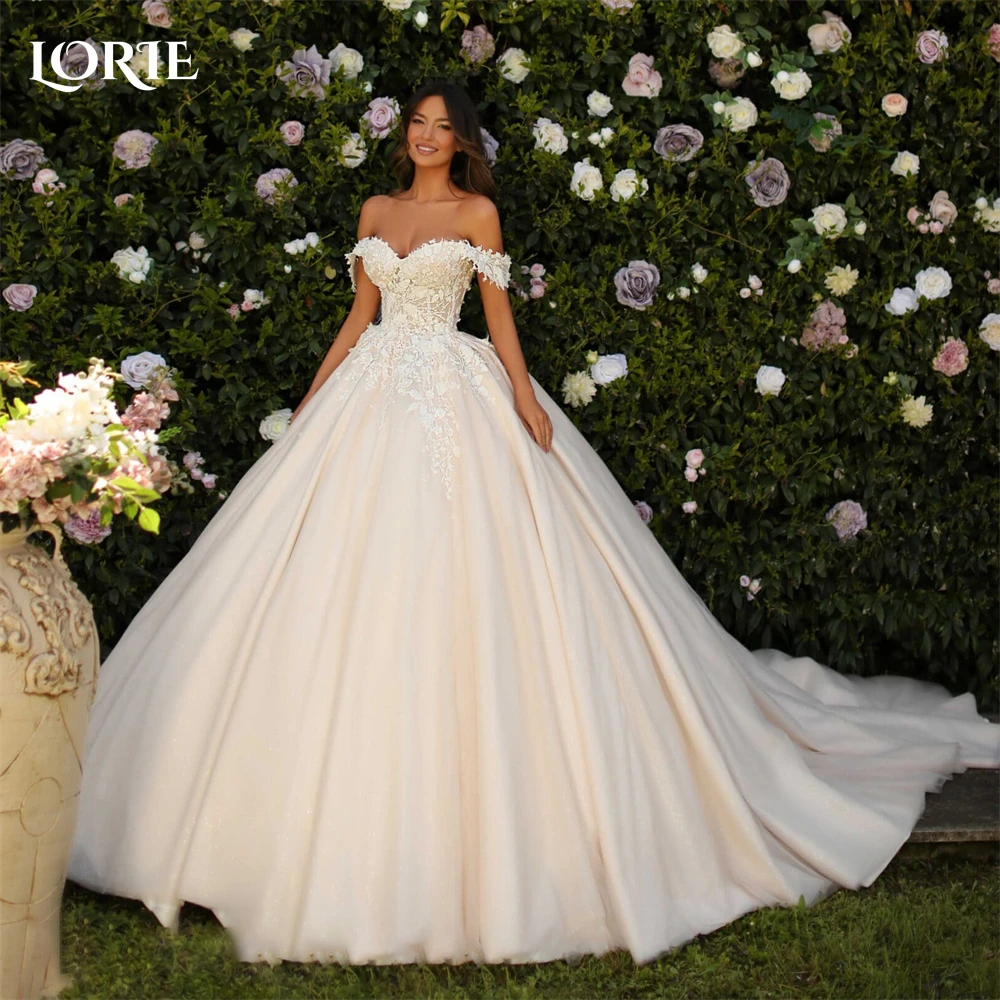 LORIE ลูกไม้ชุดแต่งงานวินเทจปิดไหล่ A-Line Appliques Backless ชุดเจ้าสาวเจ้าหญิง 3D ดอกไม้ชุดเจ้าสาวที่กําหนดเอง