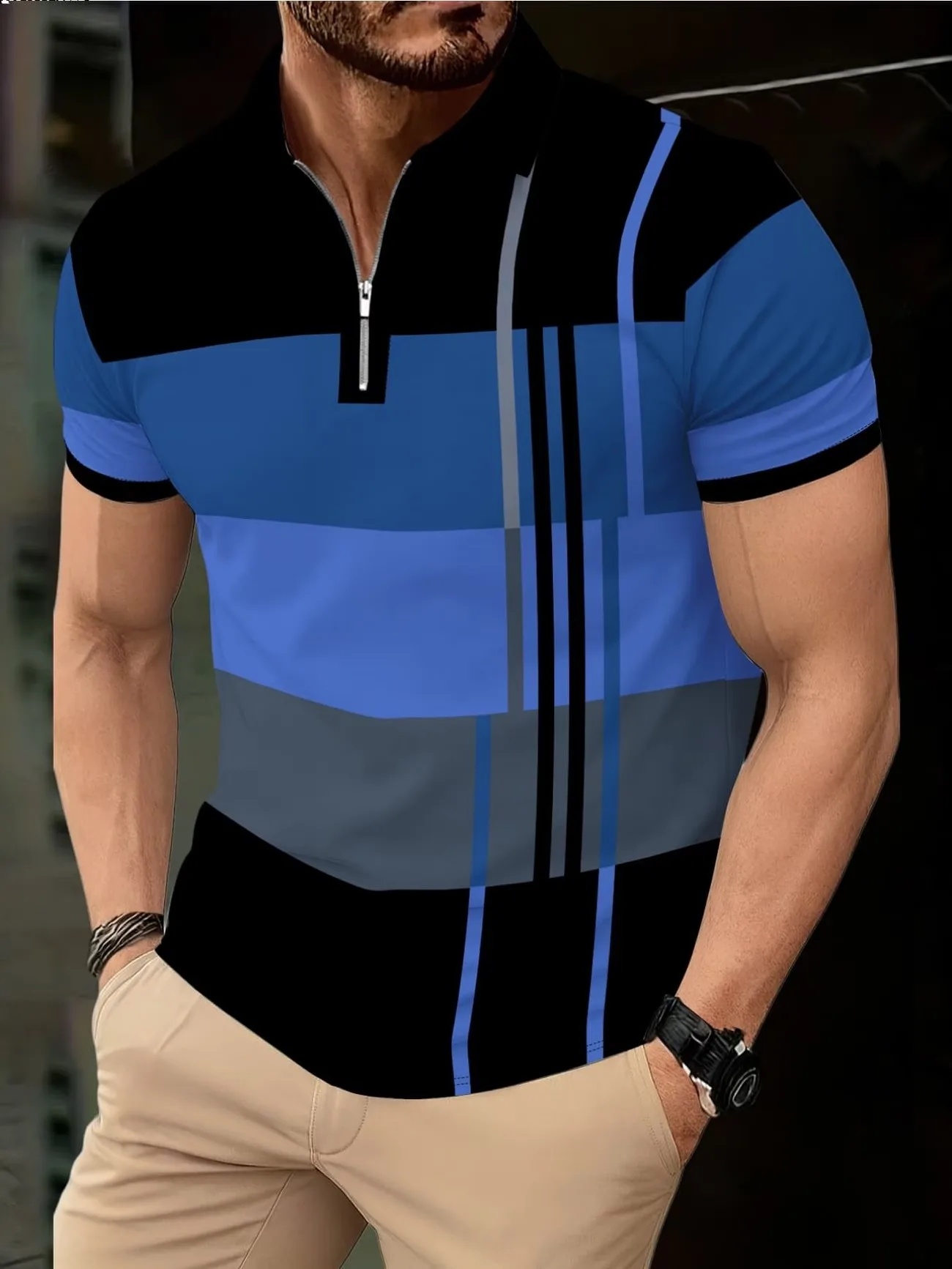 Men's Summer Short Sleeve Polo Shirt Striped Breathable Zipper Design Casual Fashion Top for Men