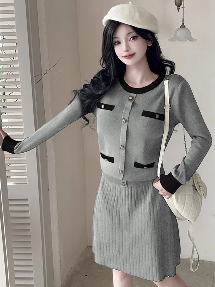 

Женская одежда Kawaii Вязаная одежда Женские топы с длинными рукавами Однобортный свитер Футболка Верхняя одежда Короткая юбка Комплект из 2 предметов