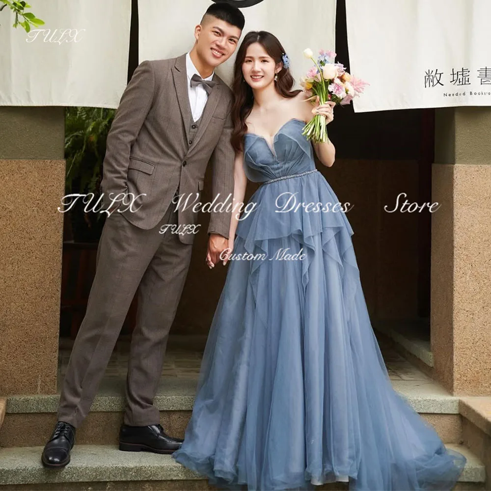 TULX Princess Blue Tulle Evening Dress A line Sweetheart Pleat Korea Wedding Photo Shoot Dress Floor Length Corset Customized