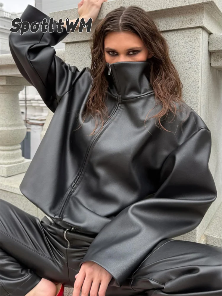 Black Pu Leather Stand Collar Full Zip Padded Shoulder Jackets Women's Long Sleeve Zip Cuff Overcoats 2026 Autumn Street Outfit