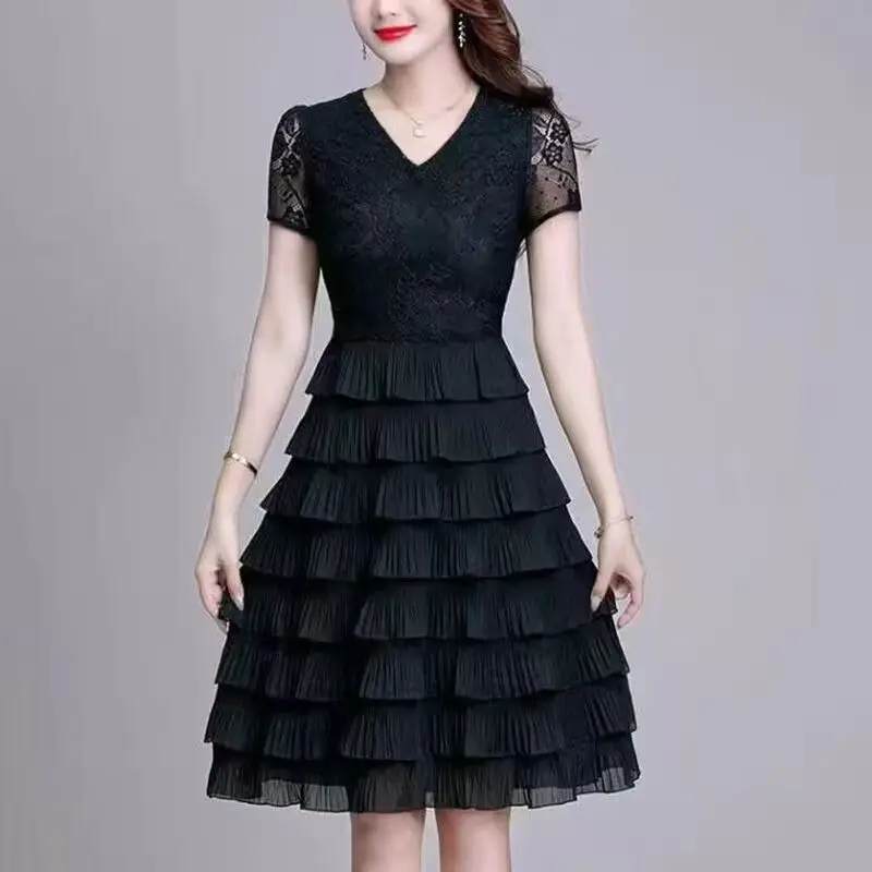 Vestido feminino em camadas preto, vestido midi com retalhos com renda, vestido casual chique com tudo a combinar, moda primavera e verão, tamanho grande, 2023