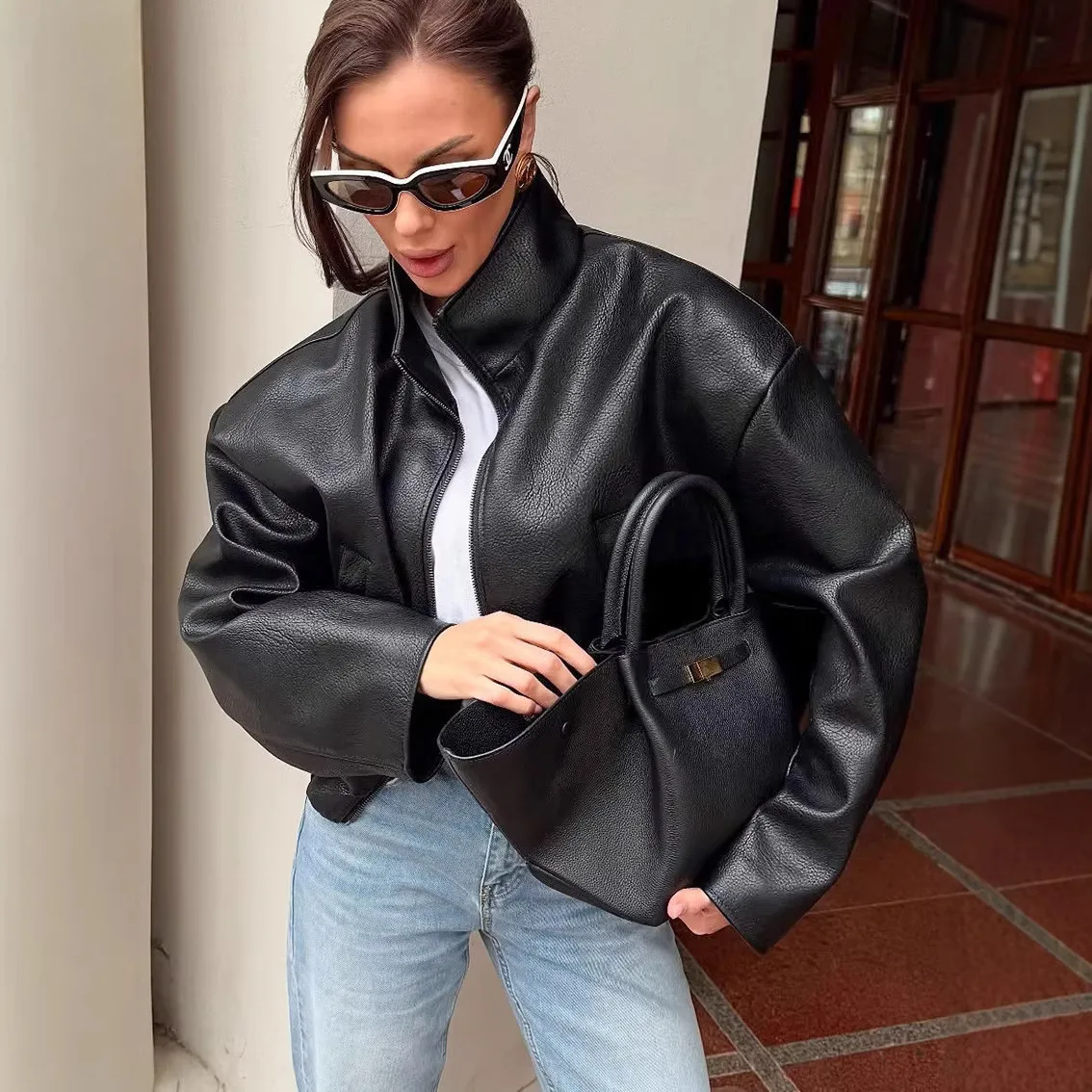 New Black Leather Autumn Winter PU Leather Designer Women's Jacket