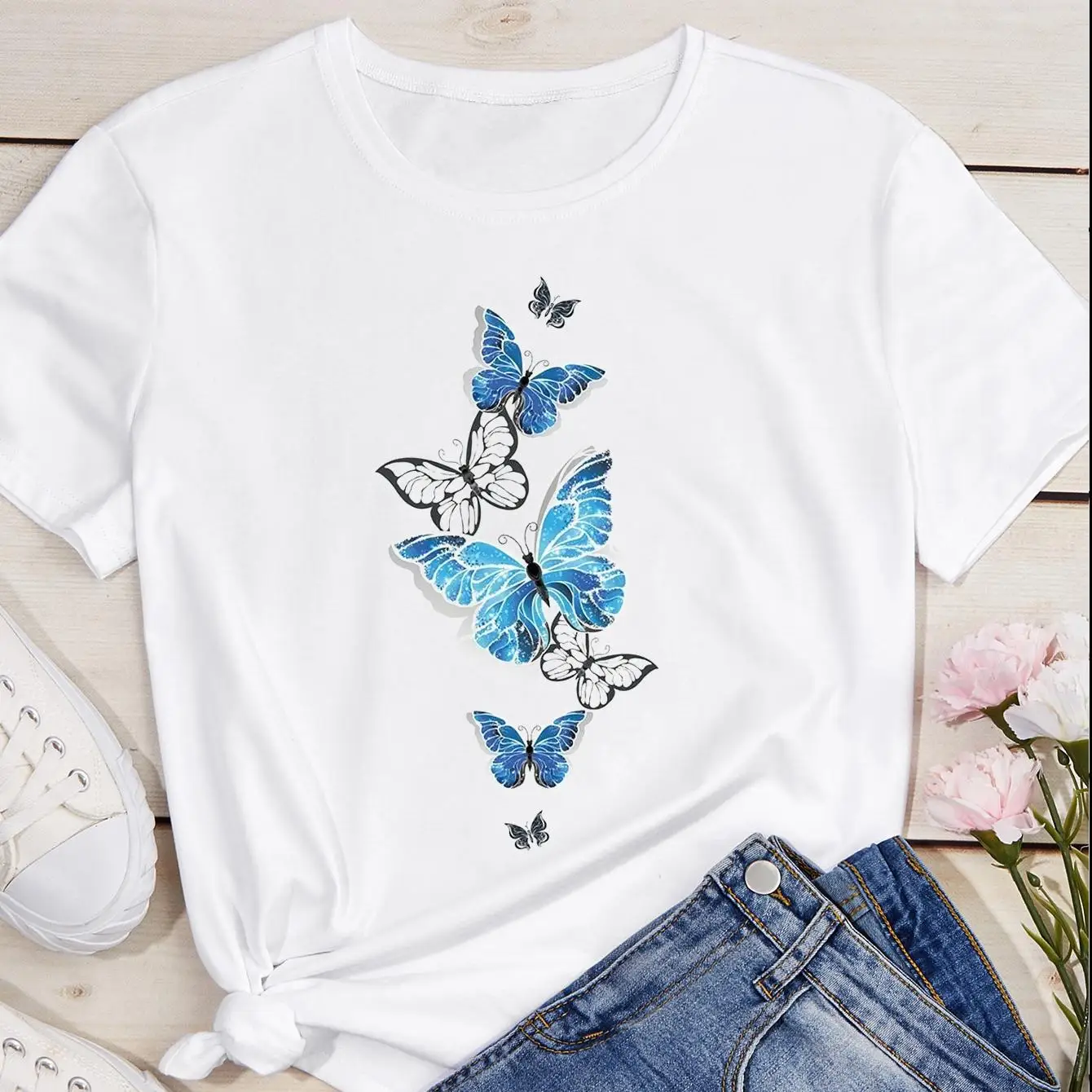 Women's short-sleeved T-shirt summer top butterfly pattern design soft texture fashionable and comfortable personalized