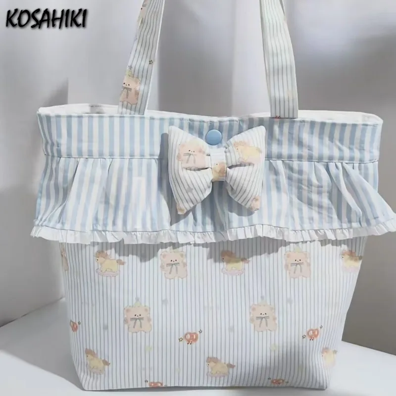 

Fashion Y2k Aesthetic Cute Bow Canvas Bag Gentle Women Casual Top-Handle Bags Kawaii Cartoon Print Striped Purses and Handbags