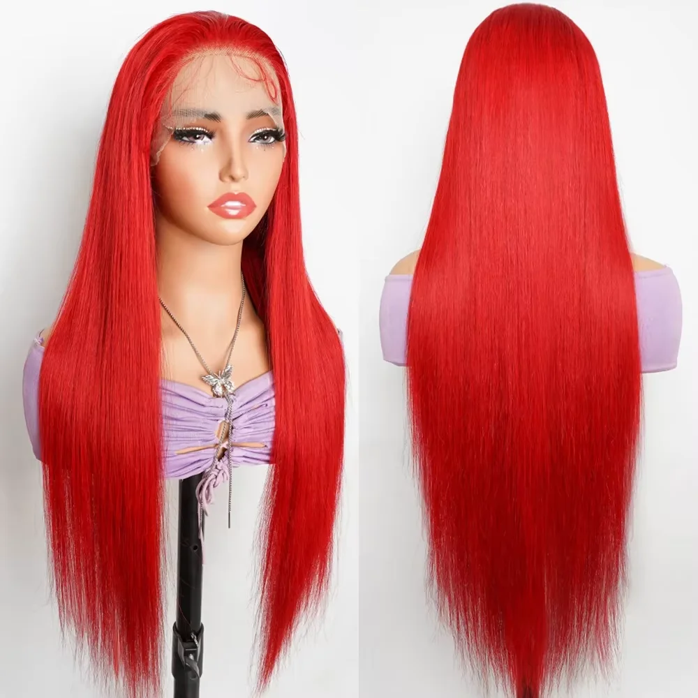

Long 34Inch 13x4 Transparent Lace Frontal Wigs Human Hair Colored Straight Orange Red Jet Black Blonde 200% Density For Women