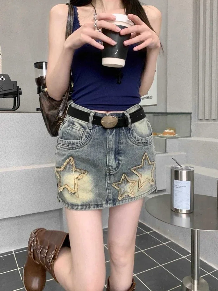 Amerikaanse Retro Vijfpuntige Ster Geborduurde Rokken Zomer Nieuwe Denim Korte Rok Forr Vrouwen Y2k Hoge Taille Bodycon Faldas Mujer