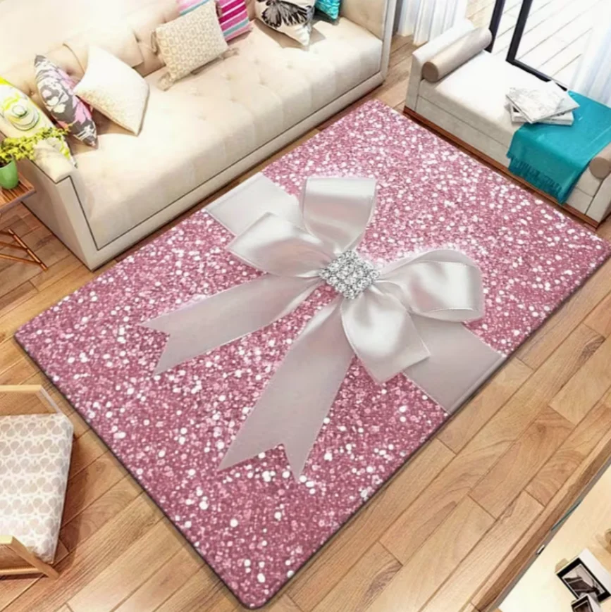 Entrance Mat Pink Sparkle Bow Gift Box Theme Mat Non-Slip Soft Easy To Clean Durable Girlish Sweet Decor Area Home Decor Mat