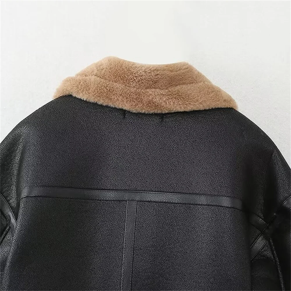 TRAF 2024 Autumn New Product Women\'s Flip Collar Loose Motorcycle Style Fur Integrated Double sided Short Jacket Coat