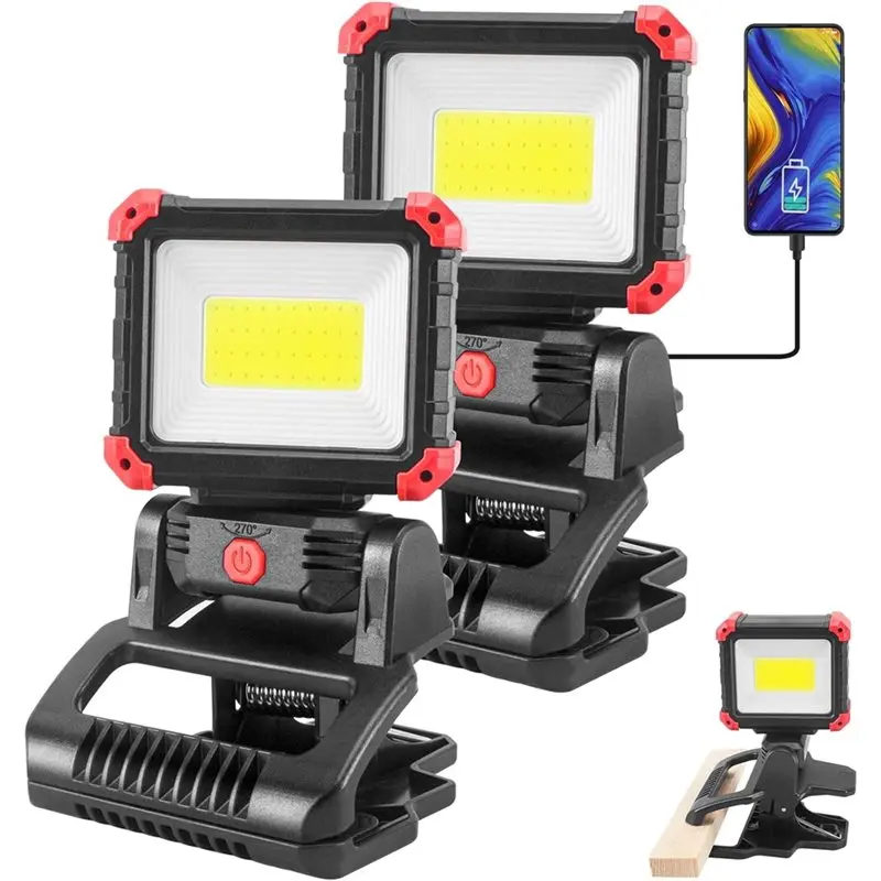 2Pack 2100LM LED Rechargeable Work Light With Clamp COB Magnetic Design, 3 Light Modes For Car For BBQ Repairing