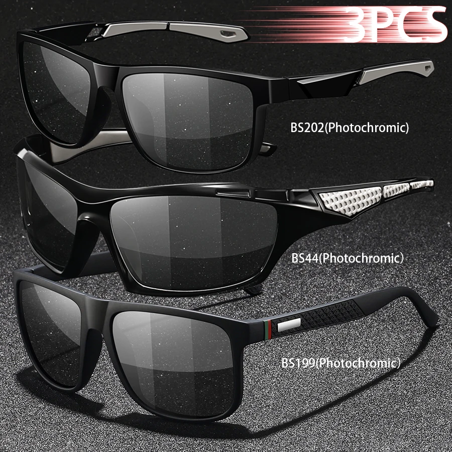 3PCS Photochromic Polarized Sports Vintage Sunglasses Men Women Cycling Driving Mountaineering Chameleon Sun Glasses UV400Eyewer