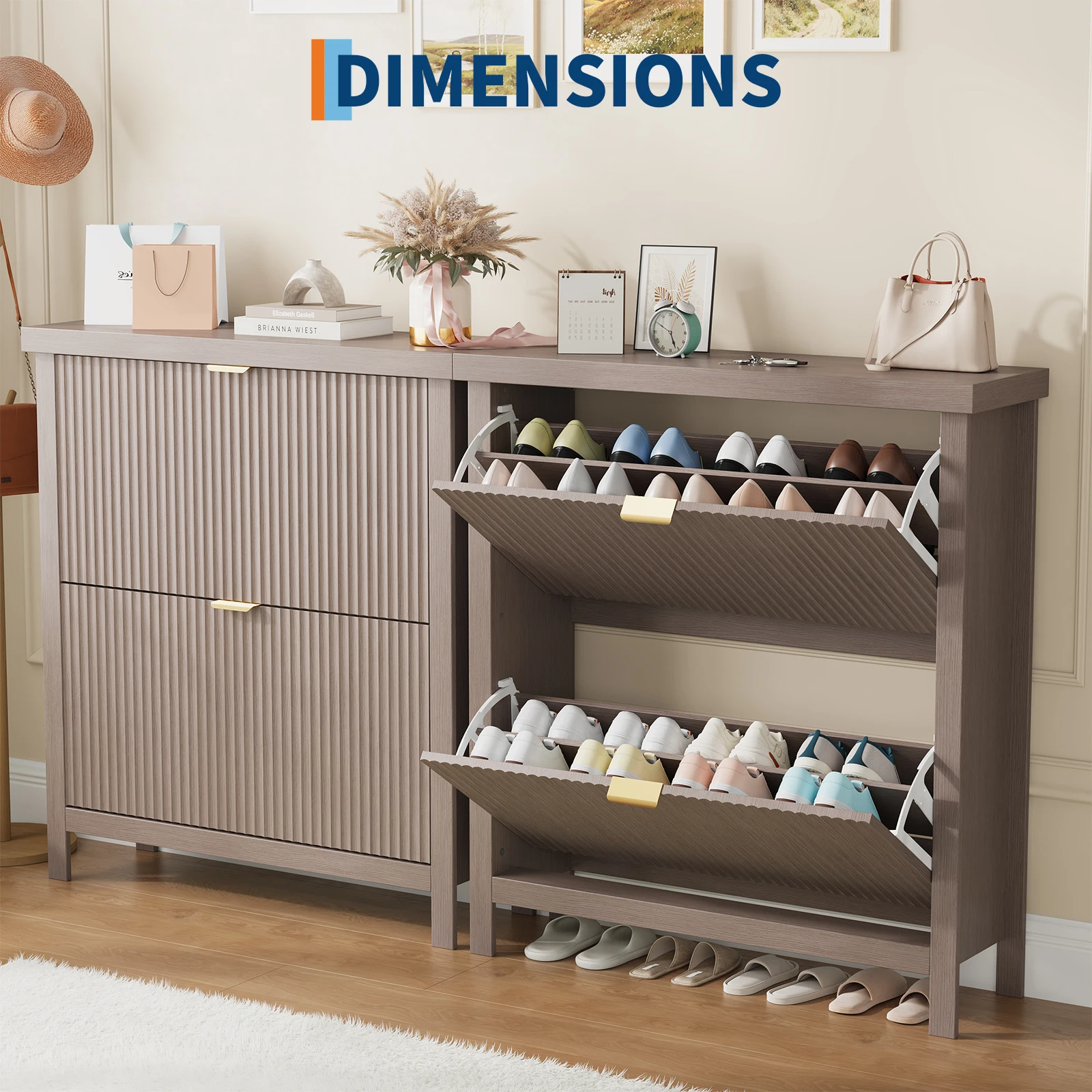 Fluted Narrow Shoe Cabinet for Entryway, 2 Turnover-Down Drawers - Space-Saving Hidden Shoe Organizer with Adjustable Shelves, Freestanding Wood Storage with Gold Handles