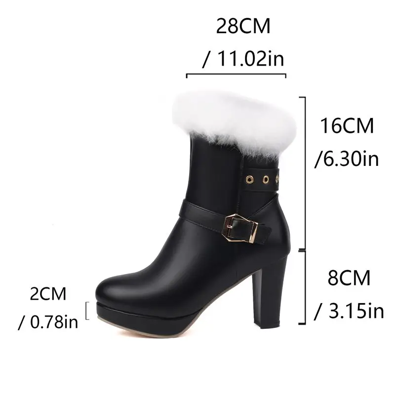 ASILETO Rabbit Fur Winter Ankle Boots Round Toe Chunky Heels 8cm Platform 2cm Zipper Belt Buckle Big Size 46 47 48 Dating Bota