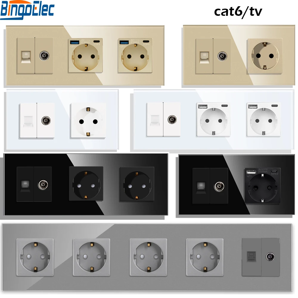 Bingoelec Standardowe gniazdo ścienne UE z gniazdem USB typu c do telewizora Dane internetowe RJ45 CAT6 Czarny panel ze szkła kryształowego Ulepszenie domu
