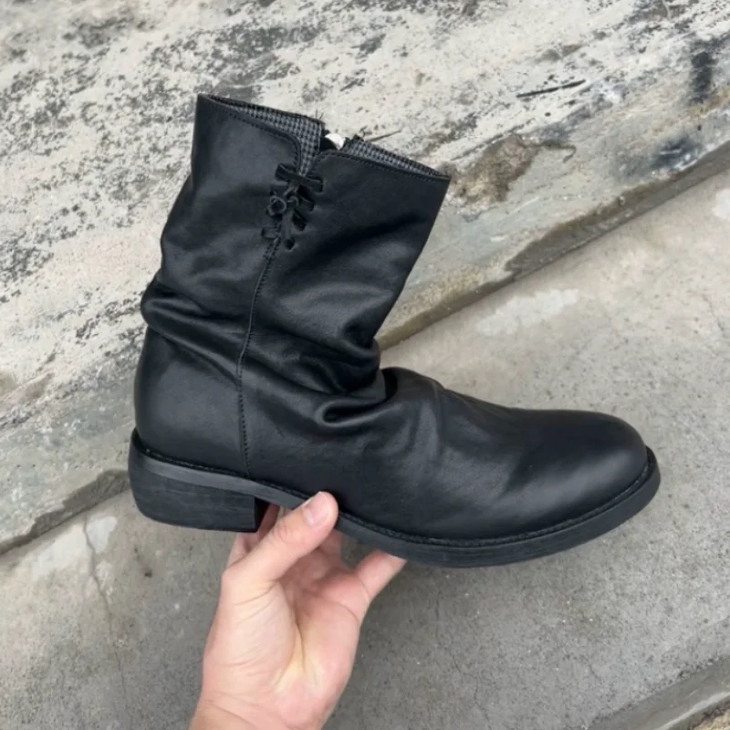 Pleated Shoes for Mens Round Toe Flat Heels Sewing Lines Males Boots Solid Chassure Hombre Side Zippers Zapatos Hommes Stitching