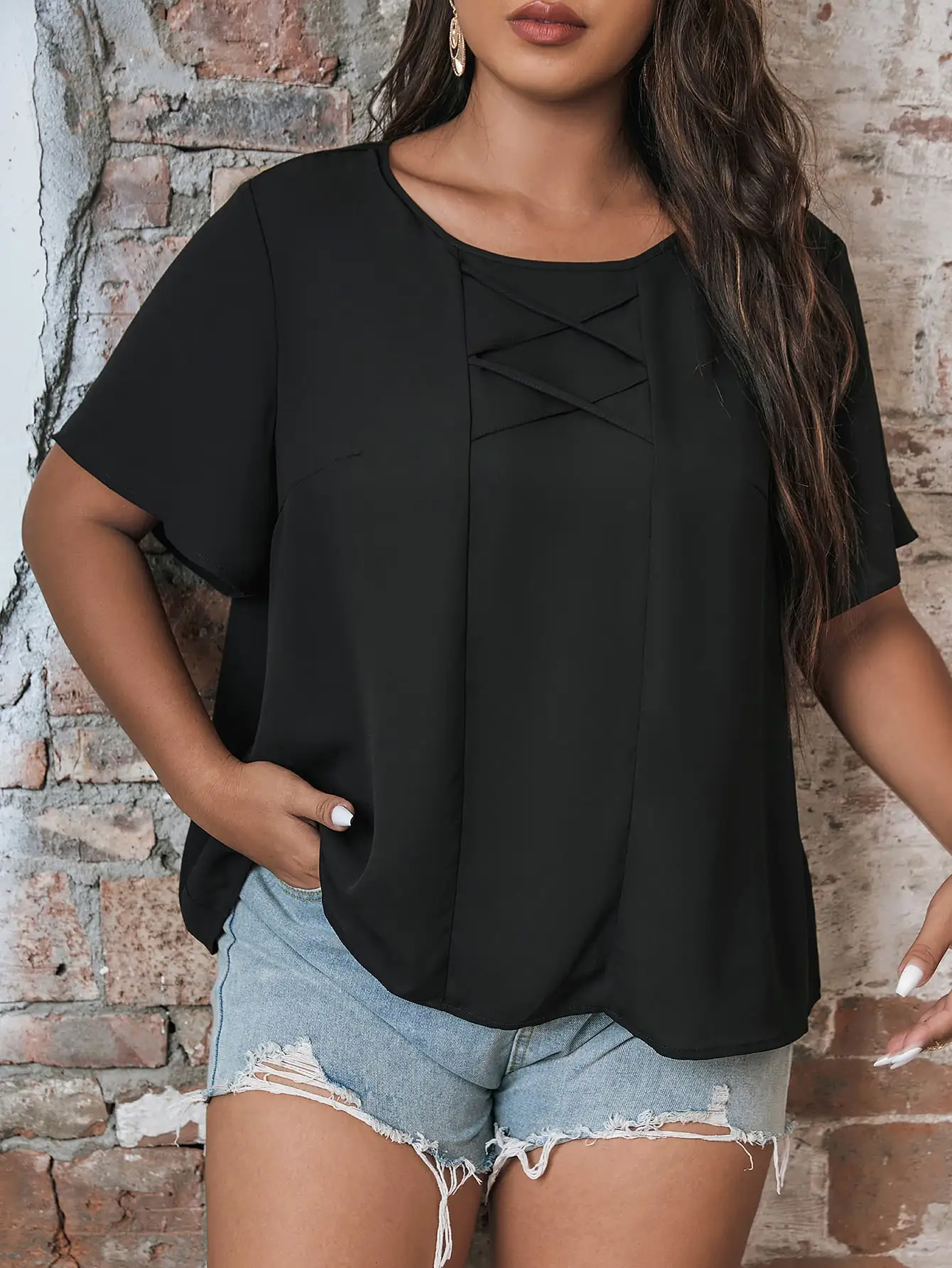 

Finjani Plus Size Pure Black Women T-shirts Casual Housewives Short Sleeve Top High Quality Polyester T-Shirt