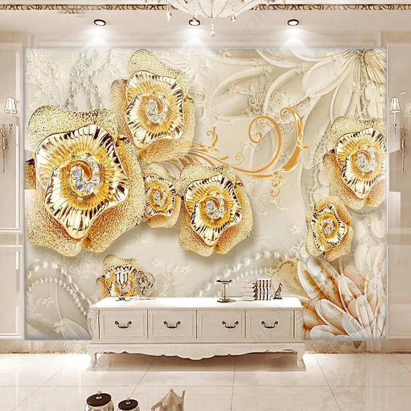 Custom Photo Wallpaper Luxury European Jewelry Diamond Pearl Gold Mural Background Wall Living Room Sofa Home Decor Wall Paper