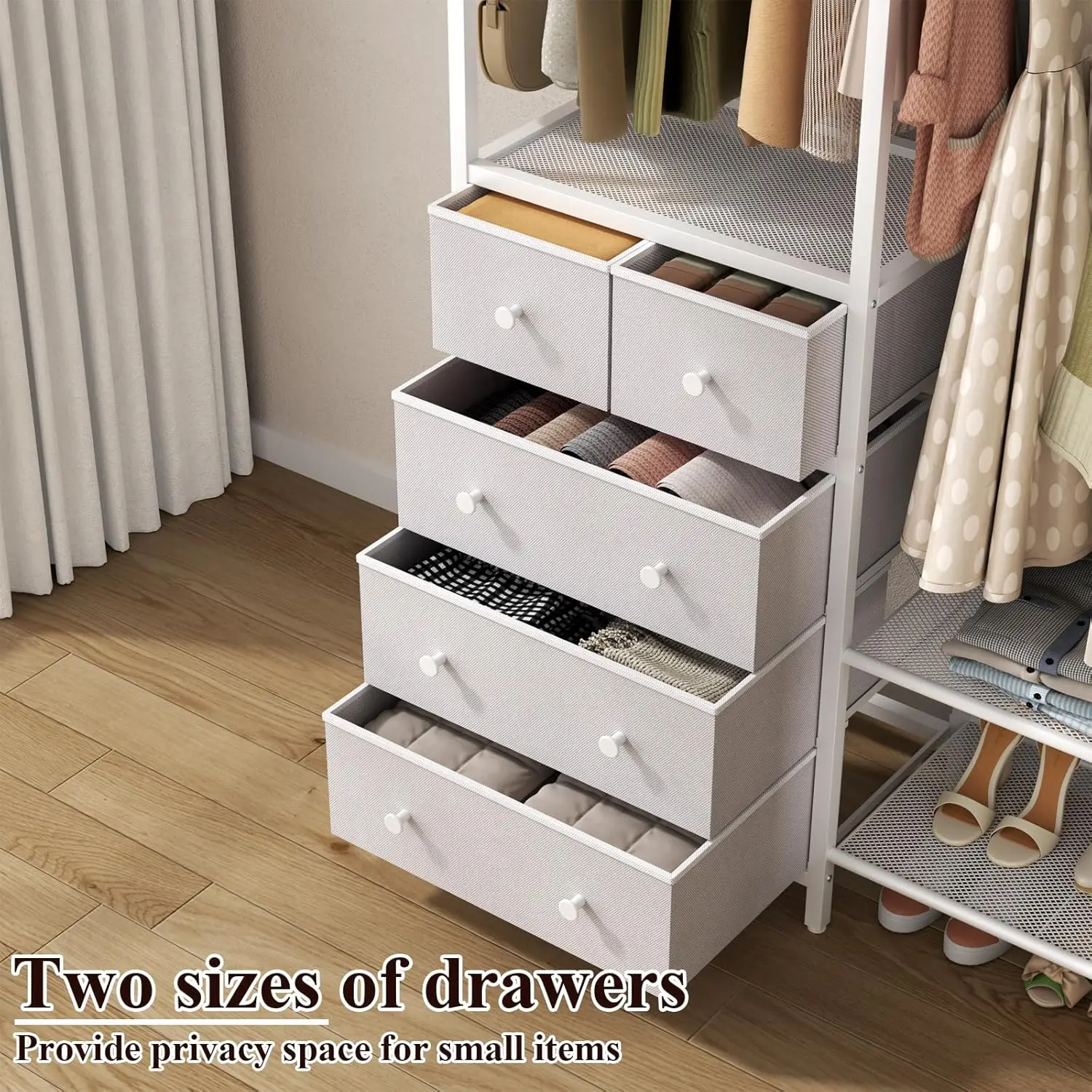Clothes Rack with 5 Drawers, 4 Shelves, 2 Rods & 5 Hooks, Freestanding Wardrobe Organizer (White)