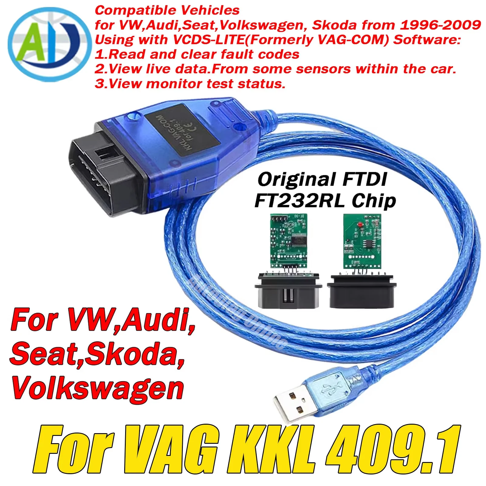 

For VAG KKL 409.1 OBD2 Interface Cable Original FTDI FT232RL For Volkswagen(VW)/Audi/Skoda/Seat OBD2 Car Diagnostic Scanner Tool