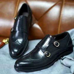 Chaussures provoqué classiques en cuir véritable pour hommes, Brogue, Double, Sangle de moine, Métal, Bureau d'affaires, Mariage, Chaussures formelles