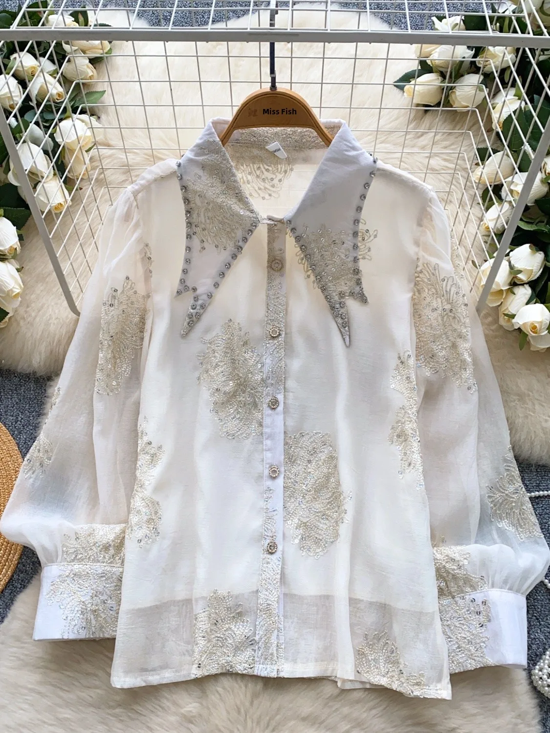 

Retro Lantern Sve irt Women's Summer Embroidered Diamond Loose Thin Luxury Lady Top Trendy Korean Sle Long Sve