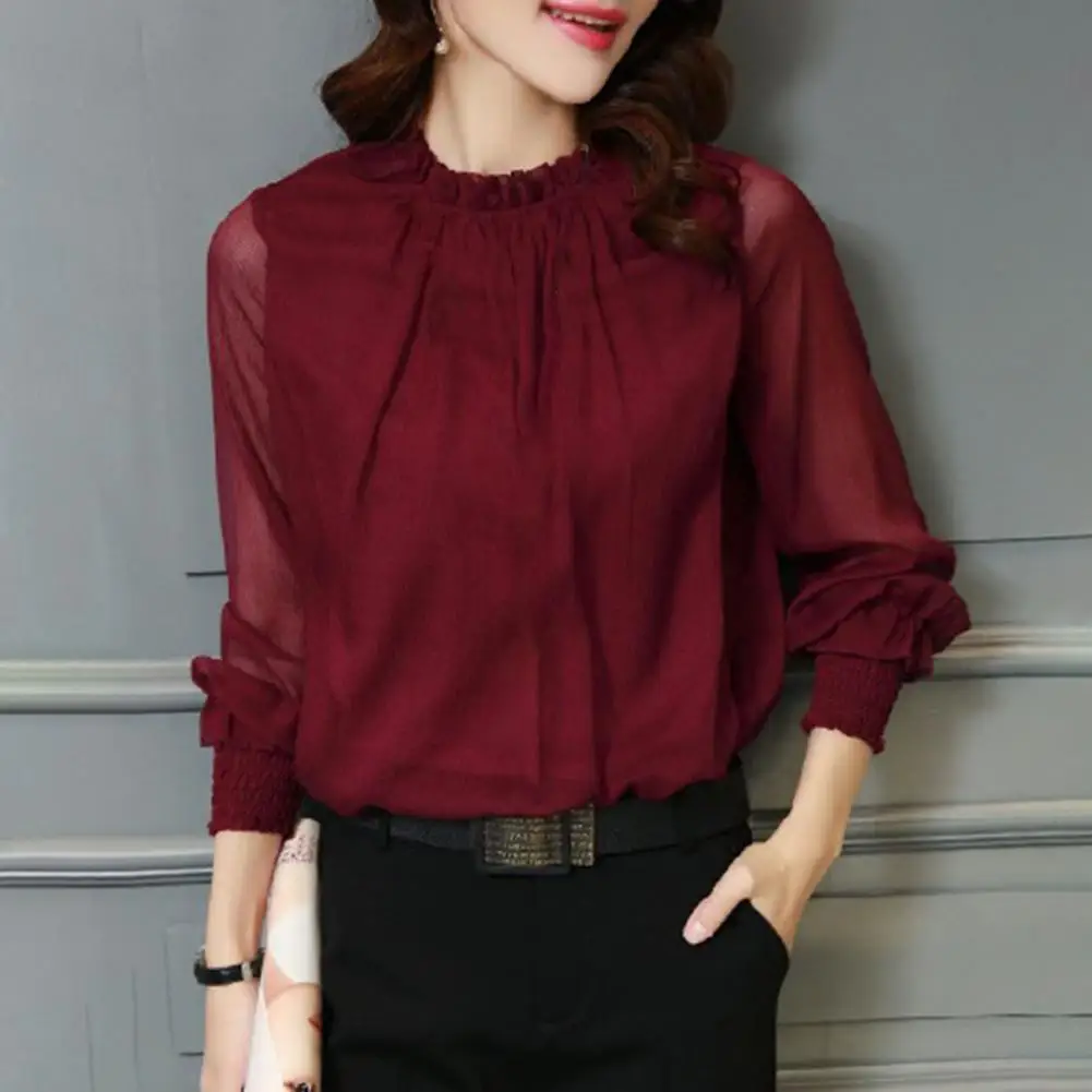 

Women Chiffon Shirt Chic Perspective Net Mesh Sleeve Women Shirt Elegant Ruffle Collar Solid Color OL Formal Women Casual Shirts