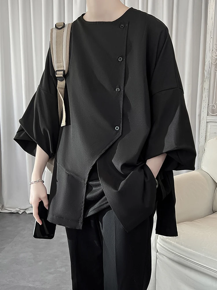 

Черная асимметричная рубашка из ледяного шелка с коротким рукавом, унисекс, стильная, свободного кроя, для парикмахеров, весна-лето, повседневная