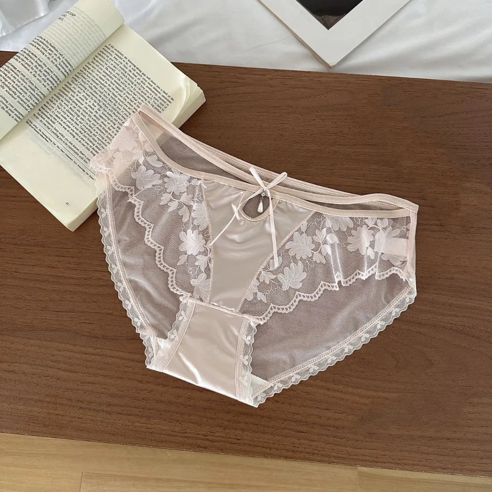 

Трусики с низкой талией из кружева и атласного шелка для женщин, с хлопковой ластовицей, прозрачные сетчатые кружевные трусики, женское белье