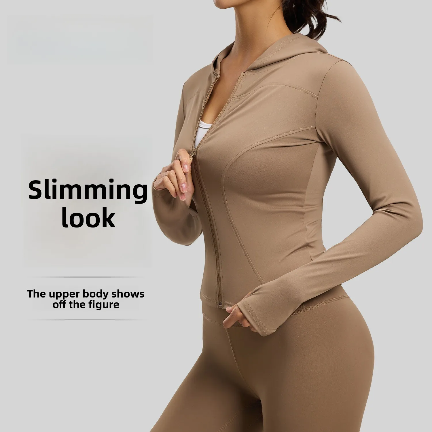 Women Zip Up Hooded Yoga Jacket High Stretch Slim Fit Windproof Thumb Hole Long Sleeve Gym Running Cycling Athletic Top