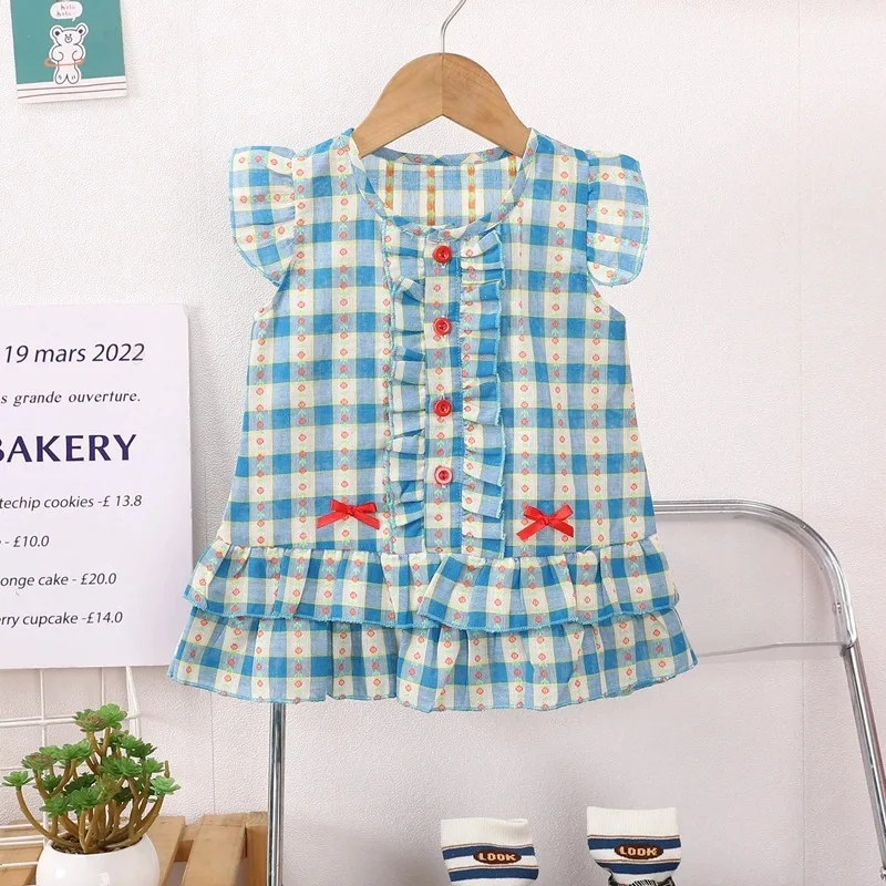 Children Casual Sweet Clothes Summer Girls Little Fluffy Sleeve Plaid Dress Infant Kid Fashion Button Up Dress Toddler Clothing