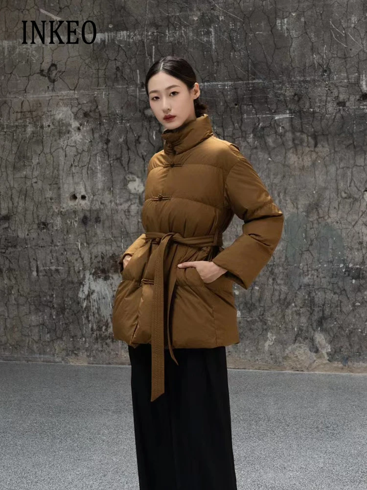 

Vintage Turtleneck Down jacket with belt 2024 Winter Solid Chinese style knot buttons puffer coat Female Outwear Warm 3O377