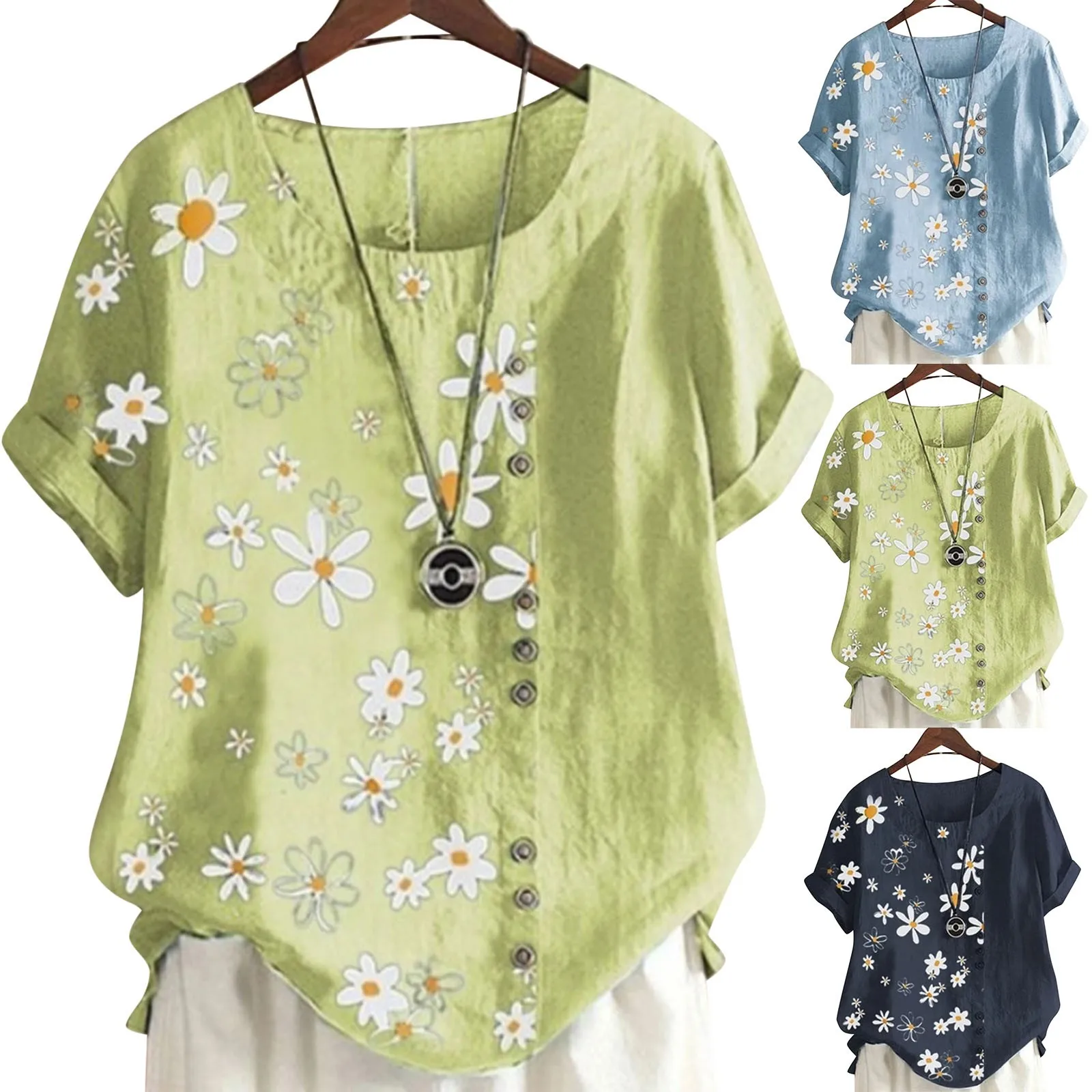 Summer Plus Size Linen Daisy Print Short Sleeve Blouses For Women Cotton Linen Tee Shirts O-Neck Loose Pullover Top Lady Clothes